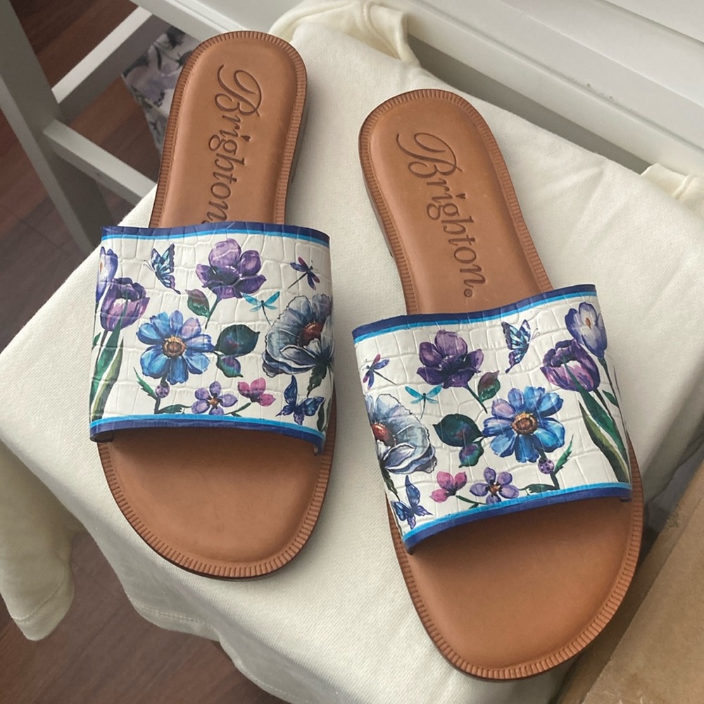 Brighton Floral Slide Sandals - Brown and Multicolor